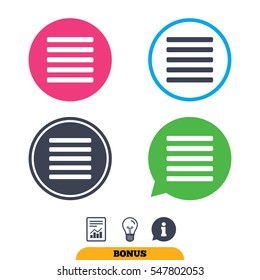 List sign icon. Content view option symbol. Report document, information sign and light bulb icons. Vector