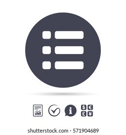 List sign icon. Content view option symbol. Report document, information and check tick icons. Currency exchange. Vector
