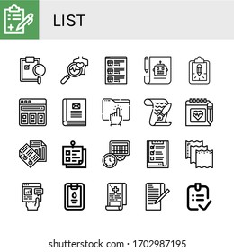 list simple icons set. Contains such icons as Medical report, Clipboard, Health check, List, Plan, Price list, Contact book, Directory, Paper, can be used for web, mobile and logo