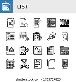 list simple icons set. Contains such icons as Sticky note, Phone book, Report, Paper, Binders, Test, Price list, Schedule, Clipboard, Health check, can be used for web, mobile and logo
