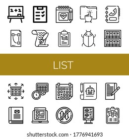 list simple icons set. Contains such icons as Board, Plan, Checklist, Paper, Schedule, Clipboard, Directory, Tick, Phone book, Binders, Planning, can be used for web, mobile and logo