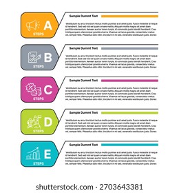 Uma lista de layouts infográficos simples e modernos de 5 etapas para informações visuais em relatórios de negócios ou marketing corporativo. Infográficos vetoriais com 5 opções.