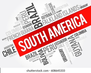 List of South American countries, word cloud collage, business and travel concept