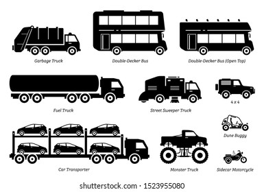 List of special purpose vehicles icon set. Side view artwork of garbage truck, double decker bus, fuel truck, street sweeper, 4wd, car transporter, monster truck, dune buggy, and sidecar motorcycle.