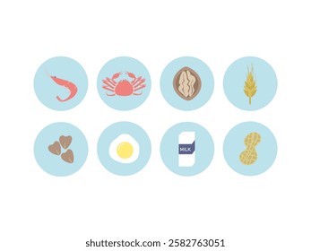 A list of specific allergenic ingredients 8 items. Shrimp, crab, walnuts, wheat, buckwheat, egg, milk, peanut.