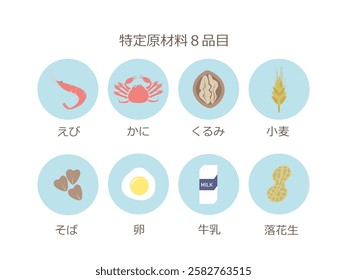 A list of specific allergenic ingredients 8 items. Japanese calligraphy means Shrimp, crab, walnuts, wheat, buckwheat, egg, milk, peanut.