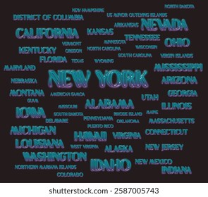 List of states and territories of the United States. All US' states' names. Deep metallic 3D effect illustration. US' 50 states typography graffiti.Victor illustration. Remouvable background. eps file