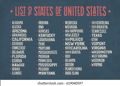 List of states of United States of America with state names. Colorful print for t-shirt, poster or geographic themes. Hand-drawn red, blue and white colors with states. Vector Illustration