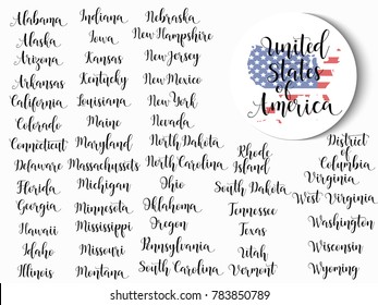 List of states of United States of America with state names. Lettering. Hand drawn vector illustration.  element for flyers, banner, postcards and posters. Modern calligraphy.