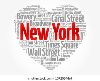 List of streets in New York City composed in love sign heart shape, word cloud collage, business and travel concept background
