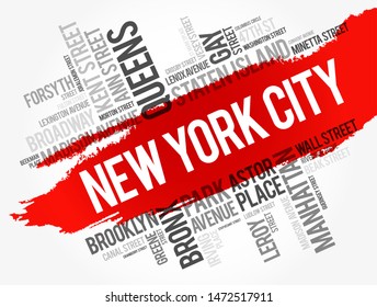 List of streets in New York City, word cloud collage, business and travel concept background