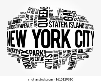 List of streets in New York City, word cloud collage, business and travel concept background