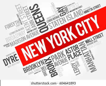 List of streets in New York City, word cloud collage, business and travel concept background