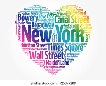 List of streets in New York City composed in love sign heart shape, word cloud collage, business and travel concept background