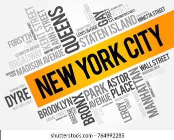 List of streets in New York City, word cloud collage, business and travel concept background svg