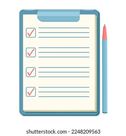 Listar tareas con lápiz. Lista de verificación en papel con marca de verificación. Icono de Tablet PC con cuestionario.