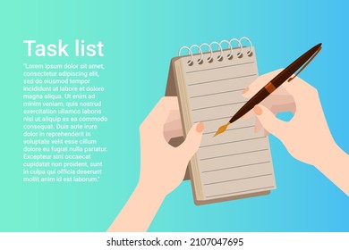 The list of tasks.A businessman makes notes on unsolved tasks in a notebook.The concept of business control.Flat vector illustration.