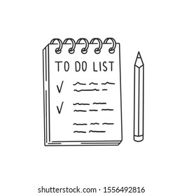 List with things to do in notepad and pencil. Checklist doodle illustration, hand drawn black line clip art.