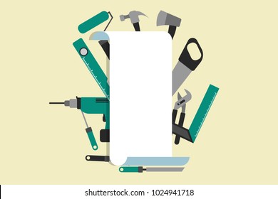 List of things to repair. Eps vector illustration of different green instruments and clear paper on light pale yellow background.