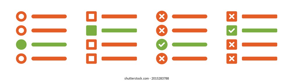 List Vector Icon With Checkbox Set. Multiple Choice MCQ Symbol. Correct And Wrong Answers, Quiz Concept.