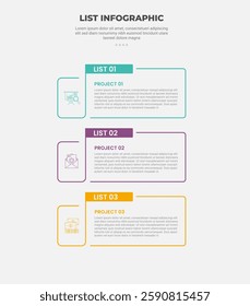 list vertical stacked process infographic outline style with 3 point template with round rectangle box with flipped line for slide presentation vector