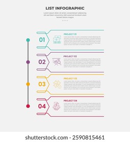 list vertical stacked process infographic outline style with 4 point template with creative line container reverse with line dot connector for slide presentation vector