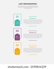 list vertical stacked process infographic outline style with 3 point template with creative arrow badge combination for slide presentation vector