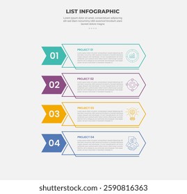 list vertical stacked process infographic outline style with 4 point template with arrow box container for slide presentation vector