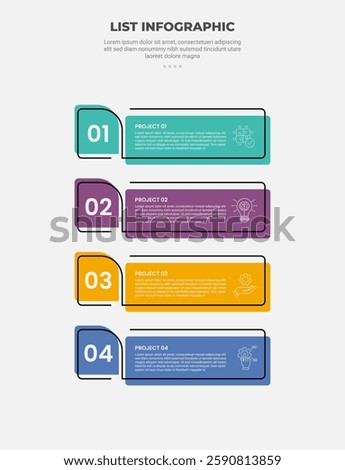 list vertical stacked process infographic outline style with 4 point template with creative rectangle container with separated badge for slide presentation vector