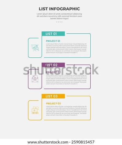 list vertical stacked process infographic outline style with 3 point template with round rectangle box with flipped line for slide presentation vector