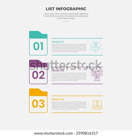 list vertical stacked process infographic outline style with 3 point template with calendar style with line separator for slide presentation vector