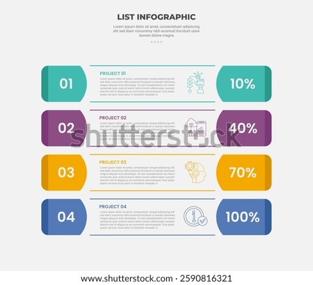 list vertical stacked process infographic outline style with 4 point template with round rectangle container box with badge percentage for slide presentation vector