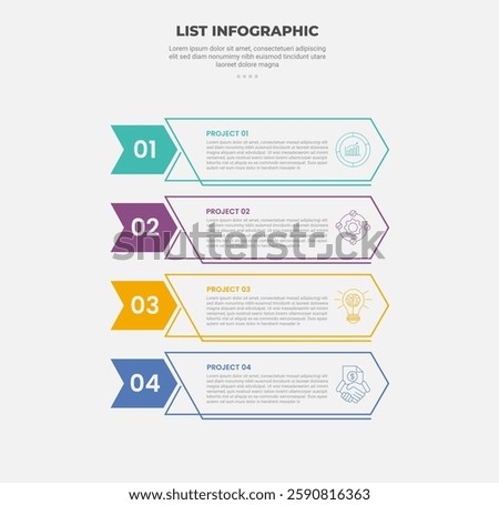 list vertical stacked process infographic outline style with 4 point template with arrow box container for slide presentation vector