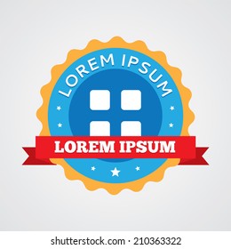 list vintage badge, label icon. Blue with red ribbon 