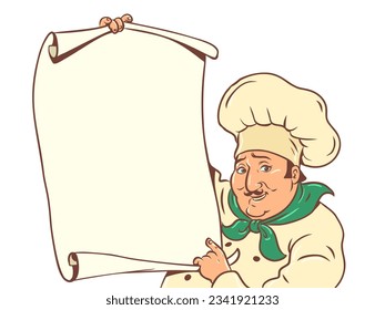 A list of your meals in a restaurant or bar. Choice of food available to customers. A man cook in a cap unfolded the menu.