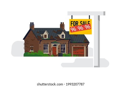 Listed property concept vector design element depicting abandoned house for sale with lowered price. Real estate offer on a house that require renovation concept. House in need of attention