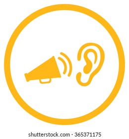 Listen Advertisement vector icon. Style is flat circled symbol, yellow color, rounded angles, white background.