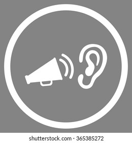 Listen Advertisement vector icon. Style is flat circled symbol, white color, rounded angles, gray background.