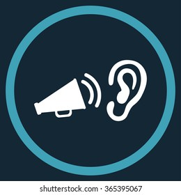 Listen Advertisement vector icon. Style is bicolor flat circled symbol, blue and white colors, rounded angles, dark blue background.