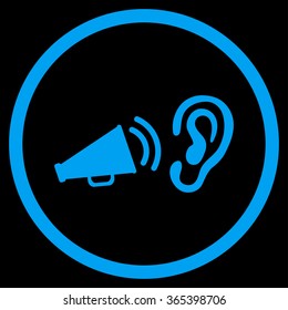 Listen Advertisement vector icon. Style is flat circled symbol, blue color, rounded angles, black background.