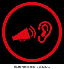 Listen Advertisement vector icon. Style is flat circled symbol, red color, rounded angles, black background.