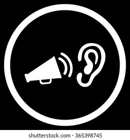 Listen Advertisement vector icon. Style is flat circled symbol, white color, rounded angles, black background.