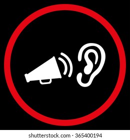 Listen Advertisement vector icon. Style is bicolor flat circled symbol, red and white colors, rounded angles, black background.