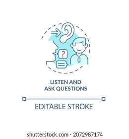 Listen And Ask Questions Blue Concept Icon. Job Interview Preparation Abstract Idea Thin Line Illustration. Answer Questions. Give Response. Vector Isolated Outline Color Drawing. Editable Stroke