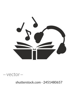 listen audio education icon, headphones with audiobook, sound guide book, flat symbol on white background - vector illustration
