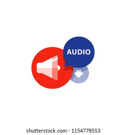 Listen audio flat icon, file download arrow, music concept, podcasting