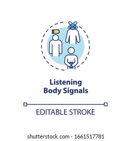 Listen body signal concept icon. Mindful nutrition idea thin line illustration. Eating when hungry, growling stomach and low energy. Vector isolated outline RGB color drawing. Editable stroke