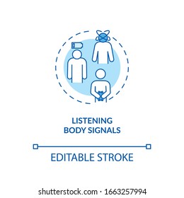 Listen body signal concept icon. Mindful nutrition idea thin line illustration. Eating when hungry, growling stomach and low energy. Vector isolated outline RGB color drawing. Editable stroke