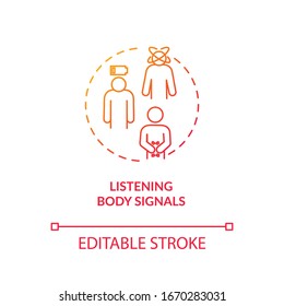 Listen body signal concept icon. Mindful nutrition idea thin line illustration. Eating when hungry, growling stomach and low energy. Vector isolated outline RGB color drawing