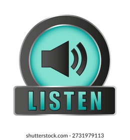 Listen button icon. Speaker volume symbol. Audio sound element. Blue round icon.